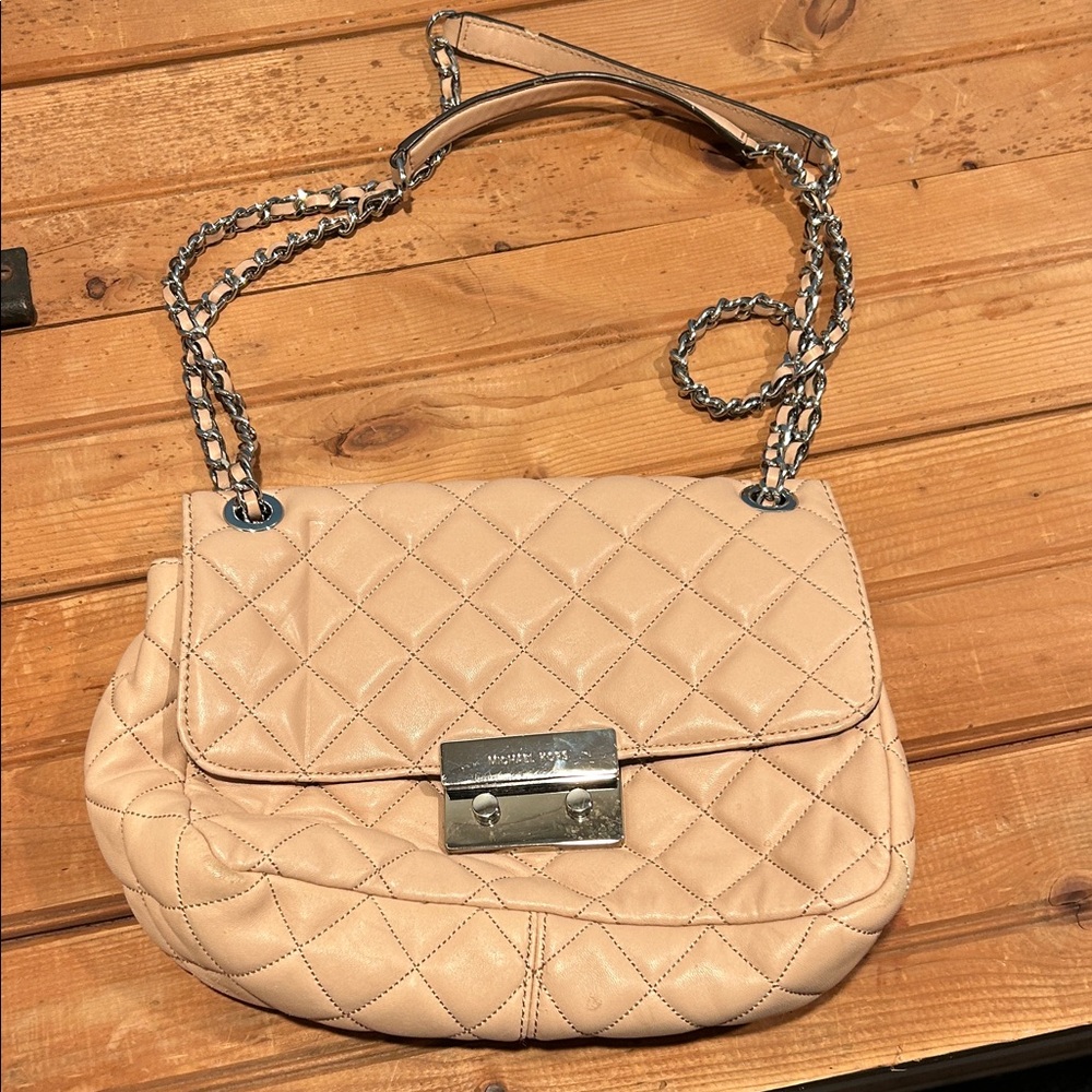 Michael Kors Quilted Beige Leather Shoulder Bag with Silver Chain